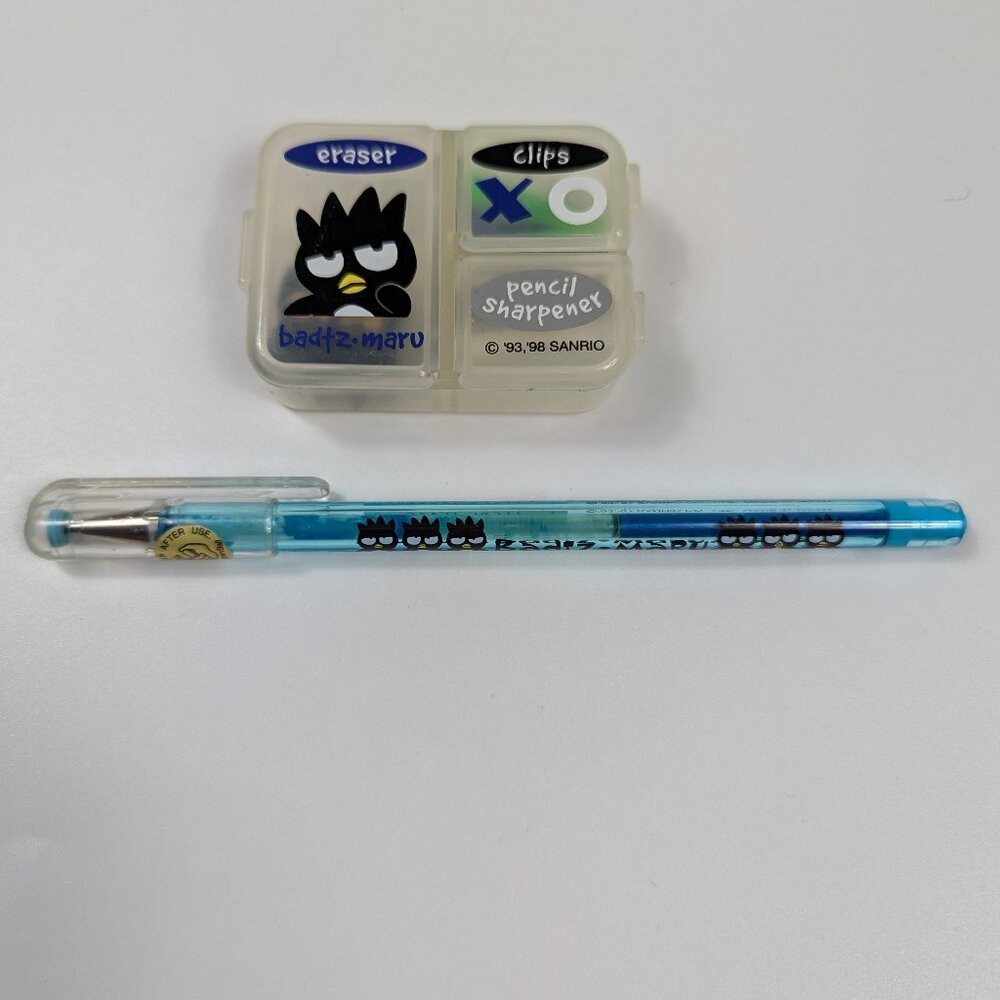 Vintage 90s Sanrio Badtz-Maru Pen and Eraser, Clips & Pencil Sharpener Set